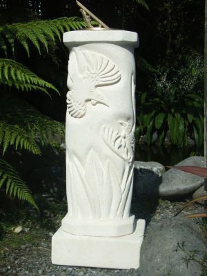 Tui Sundial side 1
Around our place we have lots of tuis around in the spring when the Kowhai trees are flowering. I decided I couldn't do justice to Tuis if I tried to get them in proportion with a Kowhai tree so I decided on them squabbling over flax flowers instead.
(SOLD)
